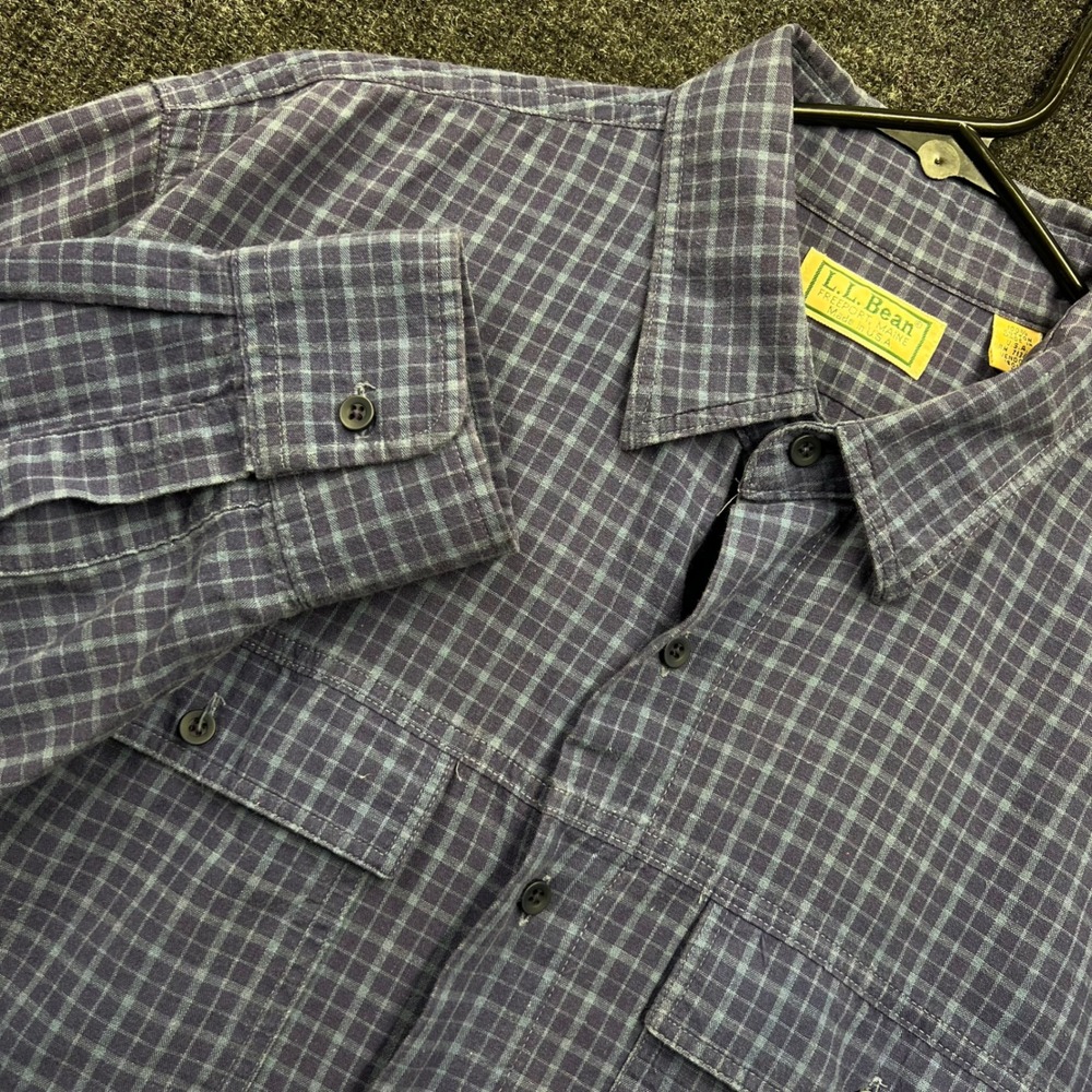 Vintage LL Bean Mens Large Blue Purple Plaid Flannel Button Down Made in USA